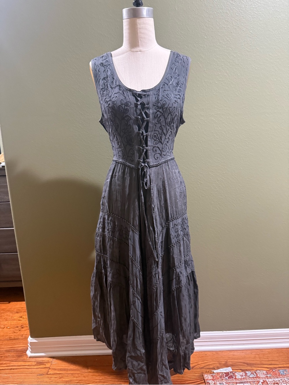 Scully Charcoal Lace-Up Embroidered Maxi Dress